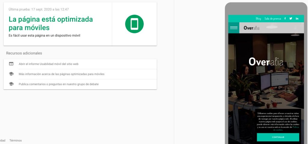 Prueba de optimización para móviles de Google sobre la web de Overalia