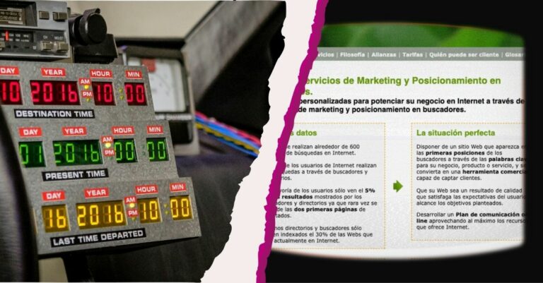 Imagen que ilustra cómo ha cambiado el marketing digital en los últimos 20 años mediante un montaje de una máquina del tiempo y una captura de la web de Overalia en 2005