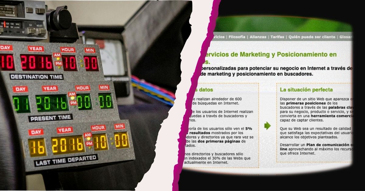 Imagen que ilustra cómo ha cambiado el marketing digital en los últimos 20 años mediante un montaje de una máquina del tiempo y una captura de la web de Overalia en 2005