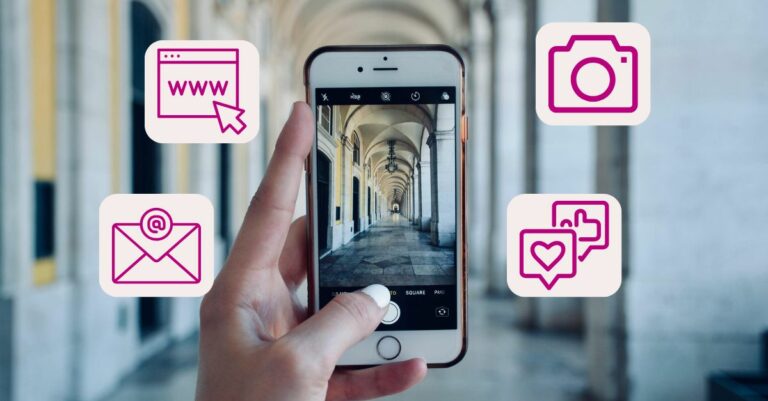 Marketing digital para el sector turístico. Teléfono sacando foto en Lisboa. Iconos de marketing digital superpuestos.