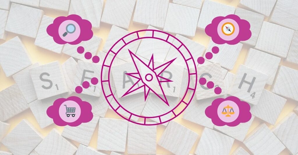 Intención de búsqueda. Al fondo, piezas con letras formando la palabra search. Al frente, brújula que señala a emojis que ilustran las cuatro intenciones principales: informaciona, navegacional, comercial y transaccional.
