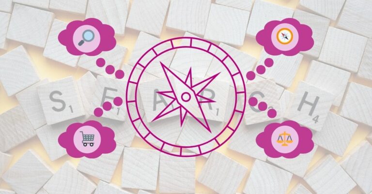 Intención de búsqueda. Al fondo, piezas con letras formando la palabra search. Al frente, brújula que señala a emojis que ilustran las cuatro intenciones principales: informaciona, navegacional, comercial y transaccional.