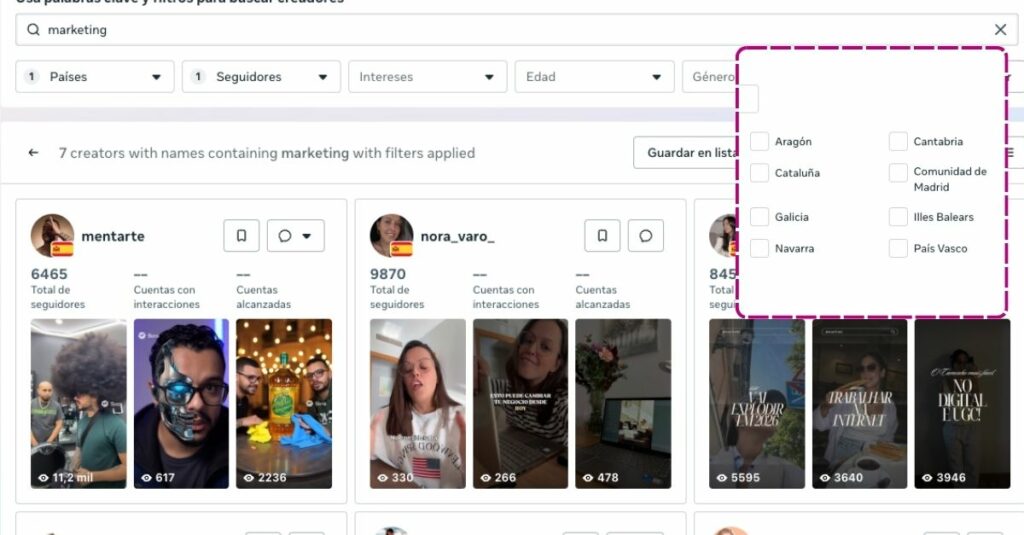Captura de la plataforma de Meta para buscar influencers.